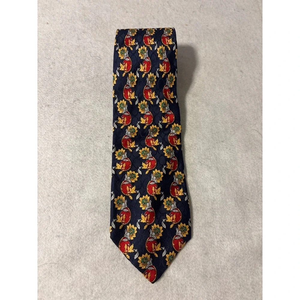 Christian Dior Monsieur Tie Mens OS Navy Blue Red Silk Floral Harvest